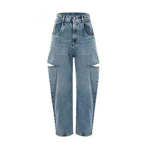 Women's Jeans Cosmicchic Women Straight ripped Casual Knife Cut Hole Loose Pants High Waist Street Retro Denim Trousers Female 230330