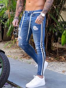 Jeans da uomo Stretto Ciclista Danneggiato Vestibilità durevole Denim Lacrime Strisce laterali Pantaloni a matita Abbigliamento da strada Hip Hop S-3XL 230330