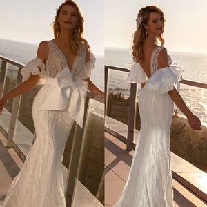 Gorgeous Mermaid Wedding Dresses V-neck Belt with Big Bow Applicants Zipper Layered Sleeves Court Gown Custom Made Plus Size Bridal Vestidos De Novia