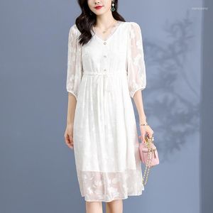 Casual Dresses 2023 Summer Vintage Women's White Dress V-Neck Elegant For For Women A-Line Real Silk Woman Long Midi