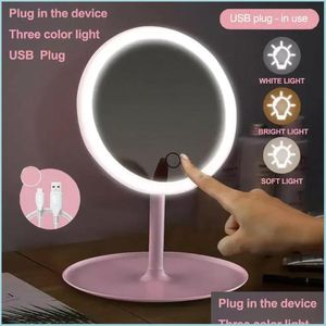 Speglar Portable High Definition LED Makeup Mirror Vanity With Lights Touch Sn Dimmer Desk Cosmetic 90 graders rotation Drop Delivery DHYI6