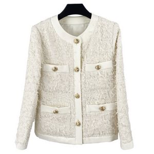 Spring Ivory Solid Color Contrast Trim Tweed Jacket Långärmad rund halsvävfickor Single-Breasted Jackets kappa Kort outkläder A2N086362