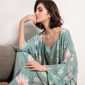 Women's Sleepwear Cotton Viscose Ladies Threepiece Pajamas Set Women Spring and Autumn Comfortable Soft Home Suit Robes with Pants 230330