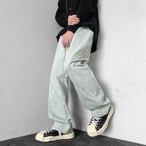 Męskie dżinsy Deeptown luźne proste mężczyzn streetwear Hip Hop Denim Spodnie swobodne czarne niebieskie spodnie męskie zabytkowe drukowana koreańska wiosna