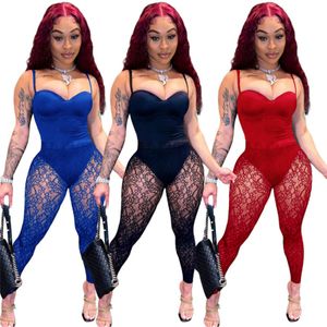 Bulk Wholesale Women Rompers One Piece Bodysuits with Sheer Lace Pants Sexy Spaghetti Strap Rompers Summer Jumpsuits Outfits 9618