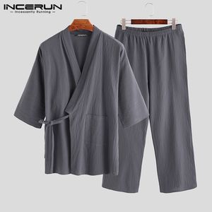 メンズスリープウェア日本人男性用着物パジャマスーツメンズローブドレス2PC/スーツパジャマルーズフィッティングメンズコットン快適なパジャマスーツ5XL 230330