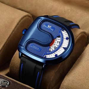 손목 시계 디자인 스포츠 남자 시계 크리에이티브 번호 다이얼 회전 포인터 패션 맨 시계 블루 블랙 고무 스트랩 시계 수컷 릴로 그는