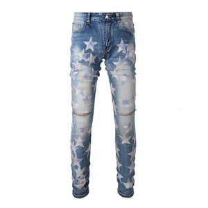 Mäns jeans ljusblå nödställda streetwear stjärnor lappar smala stretch mager high street modestil rippade 230330
