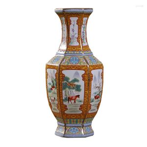 Vasen Keramikvase Antik Nachahmung Chinesischer Stil Porzellan Dekorative Ornamente Handwerk Emaille Farbe Zwölf Sternzeichen Sechseckige Flasche