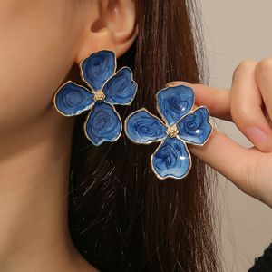 French Sen Style Stud Simple Oil Painting Drop Glazed Flowers Klein Blue Earrings Female Metal Gradient Elegant INS Fashion Jewelry