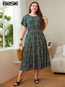 Sukienki plus size rozmiar Gibsie rozmiar Ditsy Floral Oneck Ruffle Hem Dres Holiday Boho Summer krótkie rękawowe allastyczne ALINE Casual Long 230330