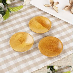 Dishes Plates Natural Bamboo Small Round Rural Amorous Feelings Wooden Sauce And Vinegar Tableware Tray Drop Delivery Home Garden Dh6Aw