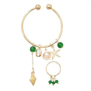 Necklace Earrings Set Summer Starfish Shell Charms Open Cuff Bangles & Rings Sets For Women Boho Green Acrylic Temperament Party Jewelry