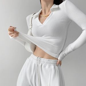 Женские Polos 2023 Fashion Sexy Vneck Street Slim Fit Рубашка Polo Relospring и осенняя вязаная нижняя блузка Top 230330