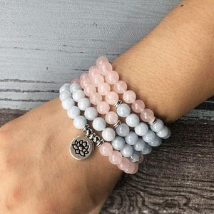 Design de tênis 108 Minchações Om Lotus Bracelet e Colar 8mm a-Quamarine