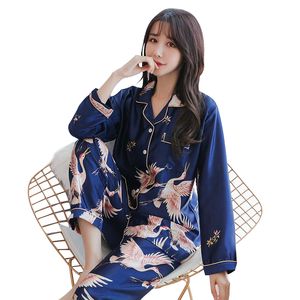 Ande de sono feminino M5XL Mulheres de manga longa Pijama Pijama de cetim de seda cetim seta