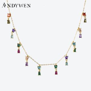 Pendant Necklaces ANDYWEN 925 Sterling Silver Gold Colorful Zircon CZ Charm Choker Luxury Women Party Wedding Jewelry Rainbow 230329