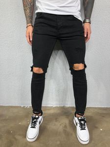 Men's Jeans Black Blue Cool Skinny Knee Hole Ripped Stretch Slim Elastic Denim Pants Solid Color High Street Style Trousers Man 29