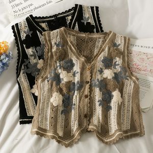 女性のベストヴィンテージ秋のチャルコムージャーVネック刺繍花のセータータンクトップウルトラシンホローノースリーブレス3Dフラワーナットファッション230330