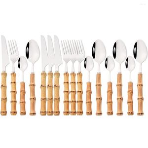 Dinnerware Sets 16Pcs Silver 304 Stainless Steel Set Bamboo Handle Cutlery Knife Fork Spoon Tea Spoons Tableware Kitchen Flatware