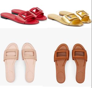 F-Baguette Дизайнерские сандалии Обувь Шлепанцы с широкими ремешками Туфли на плоской подошве золотого цвета из телячьей кожи Уличные женские туфли на плоской подошве Тапочки для пляжа на открытом воздухе Комфортная ходьба EU35-42