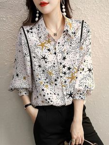 Kadın bluzları Bahar Sonbahar Yıldız Baskı Zarif Moda Düğmeleri Gömlek Lady Uzun Kollu All-Mwatch Alt Alt Bluz Üstü Üstü Kadın Giysileri