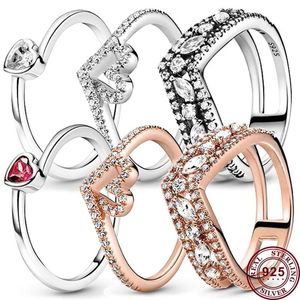 925 Srebrne kobiety dopasowane Pandora Pierścień Oryginalne serce Crown Pierścienie moda Znakomita miłość serce moda V w kształcie litery V