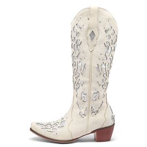 Boots Bonjomarisa Женщины ковбойские ковбои высокий блеск с блестками дизайн осенней вышивки на Cowgirls Western Shoes Большой размер 43 230330