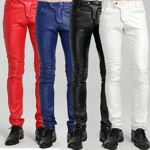 Jeans da uomo Idopy Qualità PU Linea invernale Sexy Rosso Slim Stretto Pantaloni maschili da uomo Moto Nero Skinny Biker Pantaloni in pelle Jogger Blu 230330