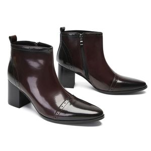 7CM Heels Formal Men's Boots Pointed Toe Wine Red Genuine Leather Ankle Boots for Men Zip Party, Wedding Boots Man!