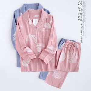 Moda de sono feminina 2023 Kimono femme bordo folhas de folhas conjunto 100 gaze algodão de manga comprida