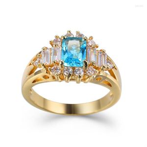 Wedding Rings Luxury Men Women Big Sea Blue Square Stone Ring Gold Color Large Row Drilling Promise Zircon Engagement