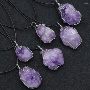 Anhänger Halsketten Draht umwickelt Kristall Halskette Reiki Heilstein Lila Quarz Rock Cluster Blume Natürliche Amethyste Anhänger