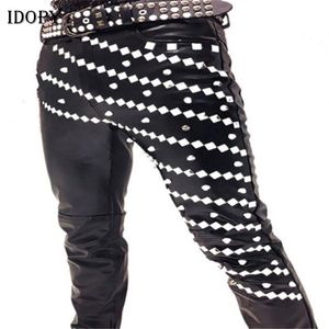 Mäns jeans idopy nattklubb DJ Singer Gothic Punk Rock Rivet Faux Leather Pants Hip Hop Stage Costume Mens Studded Motorcykel Ttrousers 230330