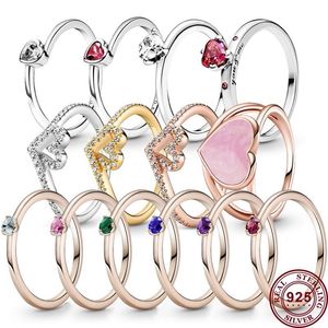 925 Silver Women Fit Pandora Ring Original Heart Crown Fashion Rings Exquisite Love Heart Red Pink Zircon Women