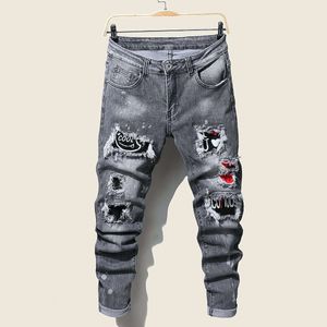 Herr jeans chic cool rippade mager byxor avslappnad jogging för män mode streetwear hip hop manlig smal passar långa byxor 230330