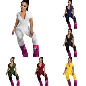 Designer-Casual-Frauen-Jumpsuits, einfarbig, eng anliegend, kurzärmelige Hosen mit Reißverschluss, Frühlings- und Sommer-Strampler