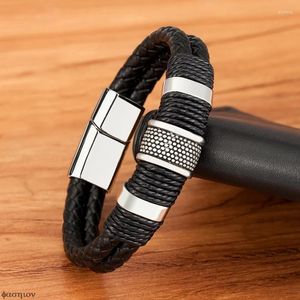 Bettelarmbänder Einfache gewebte Lederseilwicklung Spezieller Stil Klassisches Edelstahl-Herrenarmband Doppelschichtiges Design Männerfreunde