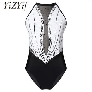 Odzież sceniczna dla dzieci dziewczyny taniec baletowy trykot bez rękawów gimnastyka trening body błyszczące Rhinestone Hollow Back Slim Fit kostiumy