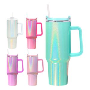 40oz sublimering glitter tumbler med handtag rostfritt stål stora kapacitet öl mugg isolerad resemugg reser kaffemugg regnbåge skimmer tumlare snabbt