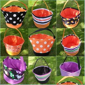 Andra festliga partier Halloween Bucket Polka Dot Bat randig polyester Candy Collection Bag 12 Designs Trick or Treat Pumpk Dhahr