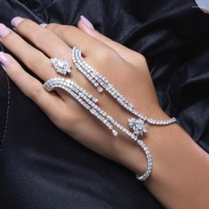 Bangle XSBODY Rhinestone Linked Finger Bracelet Fashion Wholesale Wedding Jewelry 2023 Ring Bridesmaids Bride Gifts Party Cuff