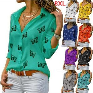 Kvinnor BLOUSES Summer Printed Chiffon Shirt Multicolor Farterfly Print Loose Lapel Långärmade kvinnor för mode 2023