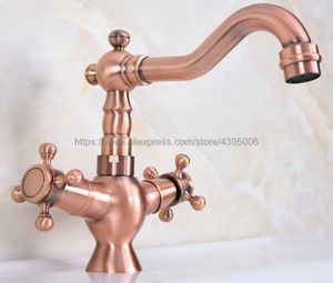 Badrumsvaskkanor Antika Red Copper Basin kran Dual Handtag Vanity Mixer Tap and Cold Water BNF616