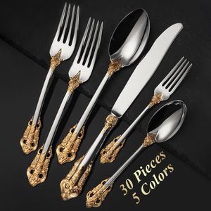 Geschirr-Sets 30-teiliges königliches Retro-vergoldetes Edelstahl-Geschirrfarbe-Löffel-Messer-Set Schwarz-Roségold-Geschirr-Service 230331