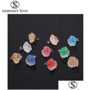 Stud Ny Irregar Crystal Cluster Flower Harts Mold Colorf Druzy Earring for Women Girls Valentines Day Jewelry Drop Delivery Dhgarden Dhvnu
