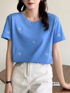 Damen T-Shirt Tuang Biang Sommer Gestickte Liebe Damen Baumwolle Blau T-Shirt Koreanisch Lässig O-Ausschnitt Kurzarm Weich T-Shirt Lila Damen Top 230331