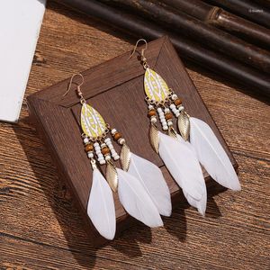 Brincos de balanço Padrão floral vintage Long for Women Girl Colorful Rice Beads Feather Tassel Bohemian Exagerated Ear Jewelry