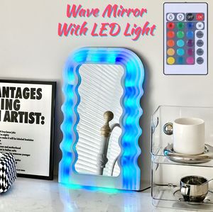 Wall Stickers Glowing Wave Mirror With LED Light Cosmetic Make Up Makeup Desktop Irregular Aesthetic Creative Ins Home Decor 230330