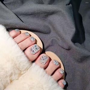 Falska naglar 24st Shining Colorful Full Diamonds Toe med lim söt sommar för pre -charm design nagel tips omslag